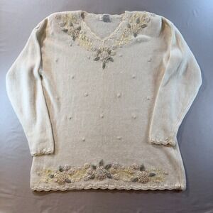 Selecca Ivory Knit Floral Beaded Embroidered Sweater Medium Ramie Cotton Vintage
